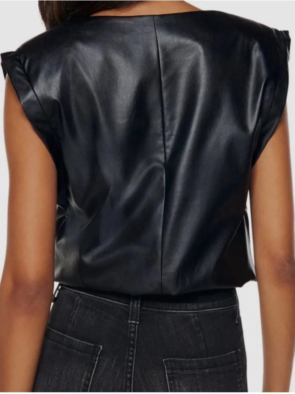 Ramy Brook Annabelle Faux Leather Black Boxy V Neck Sleevless Top Size Small